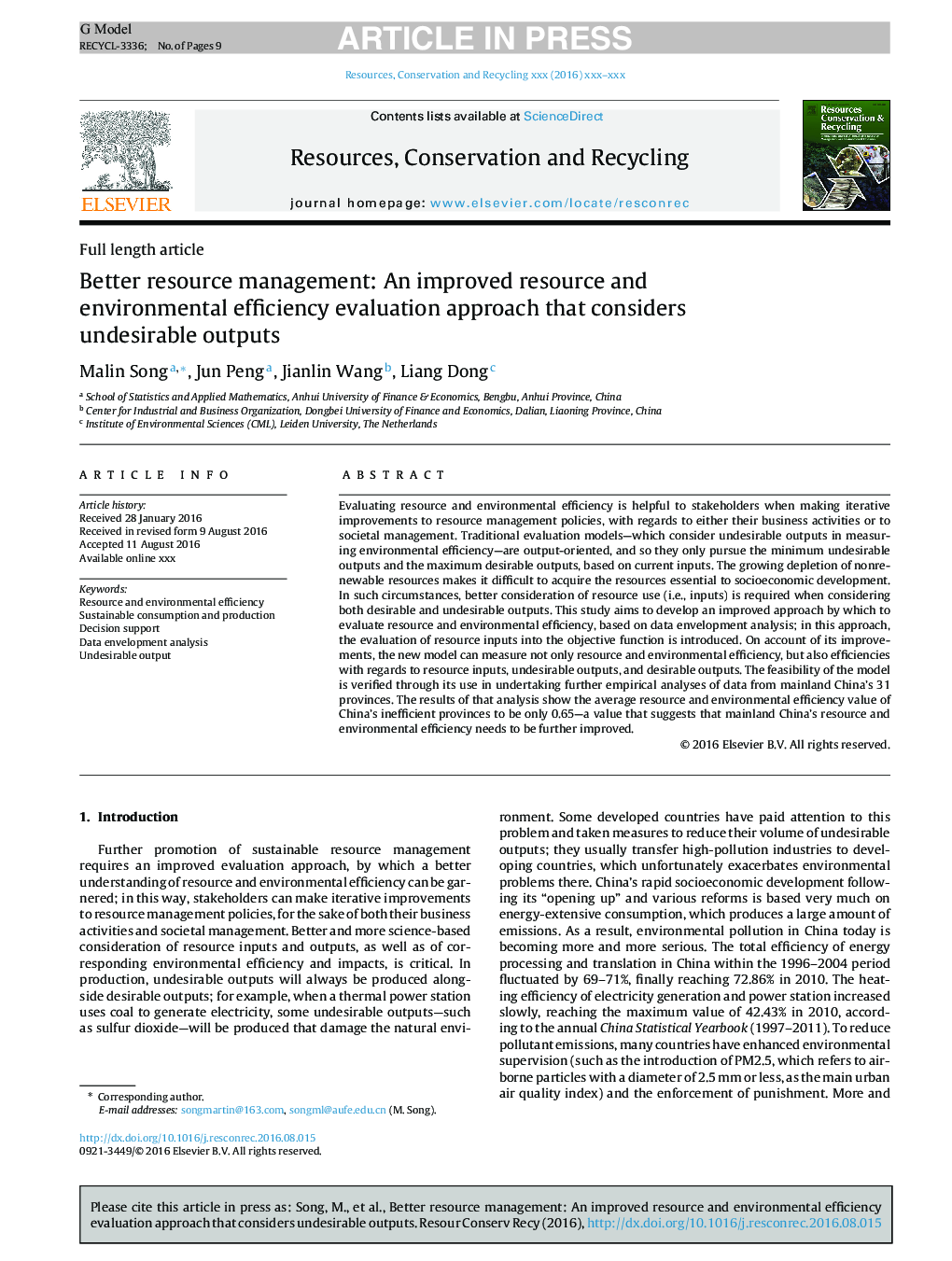 Better resource management: An improved resource and environmental efficiency evaluation approach that considers undesirable outputs