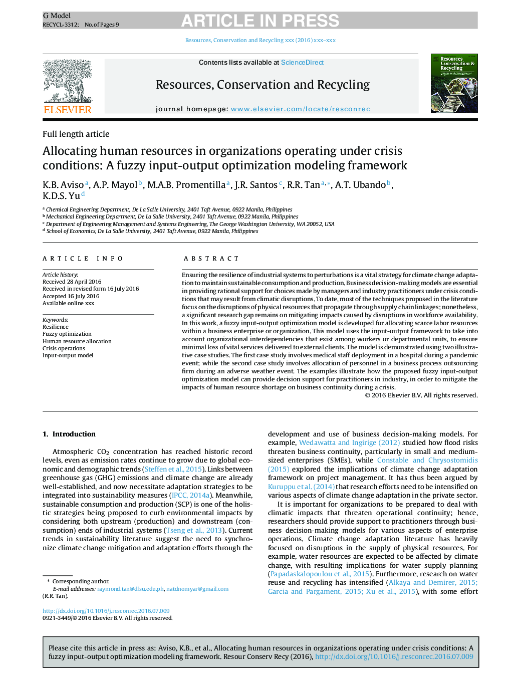 Allocating human resources in organizations operating under crisis conditions: A fuzzy input-output optimization modeling framework