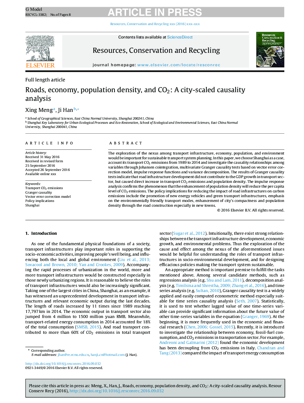 Roads, economy, population density, and CO2: A city-scaled causality analysis