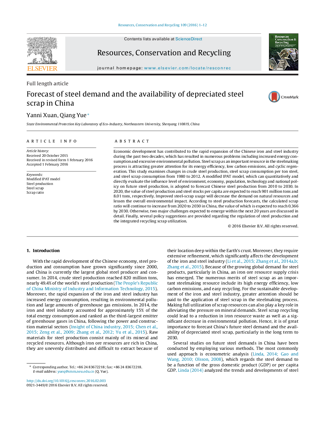 Forecast of steel demand and the availability of depreciated steel scrap in China