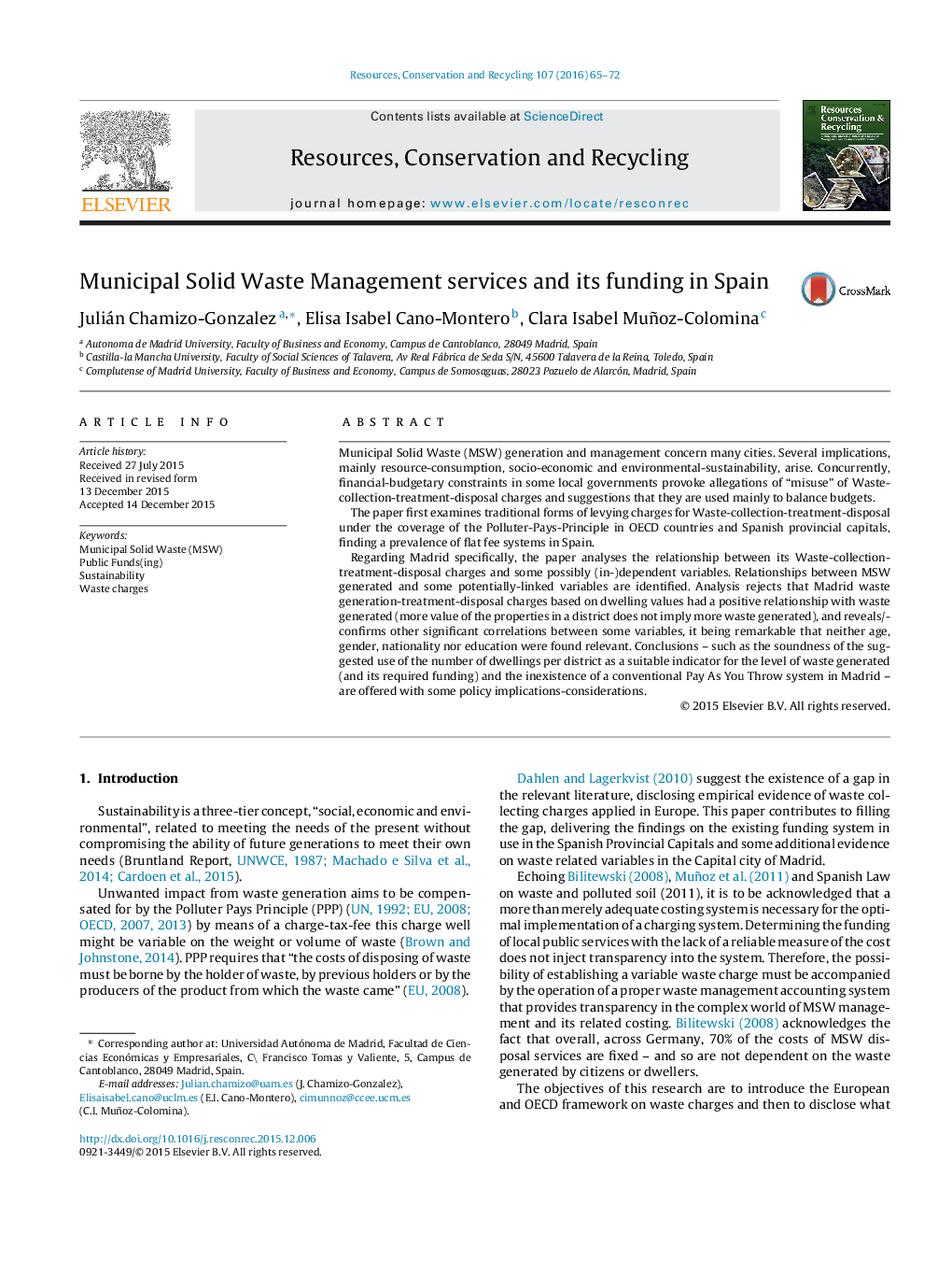 Municipal Solid Waste Management services and its funding in Spain