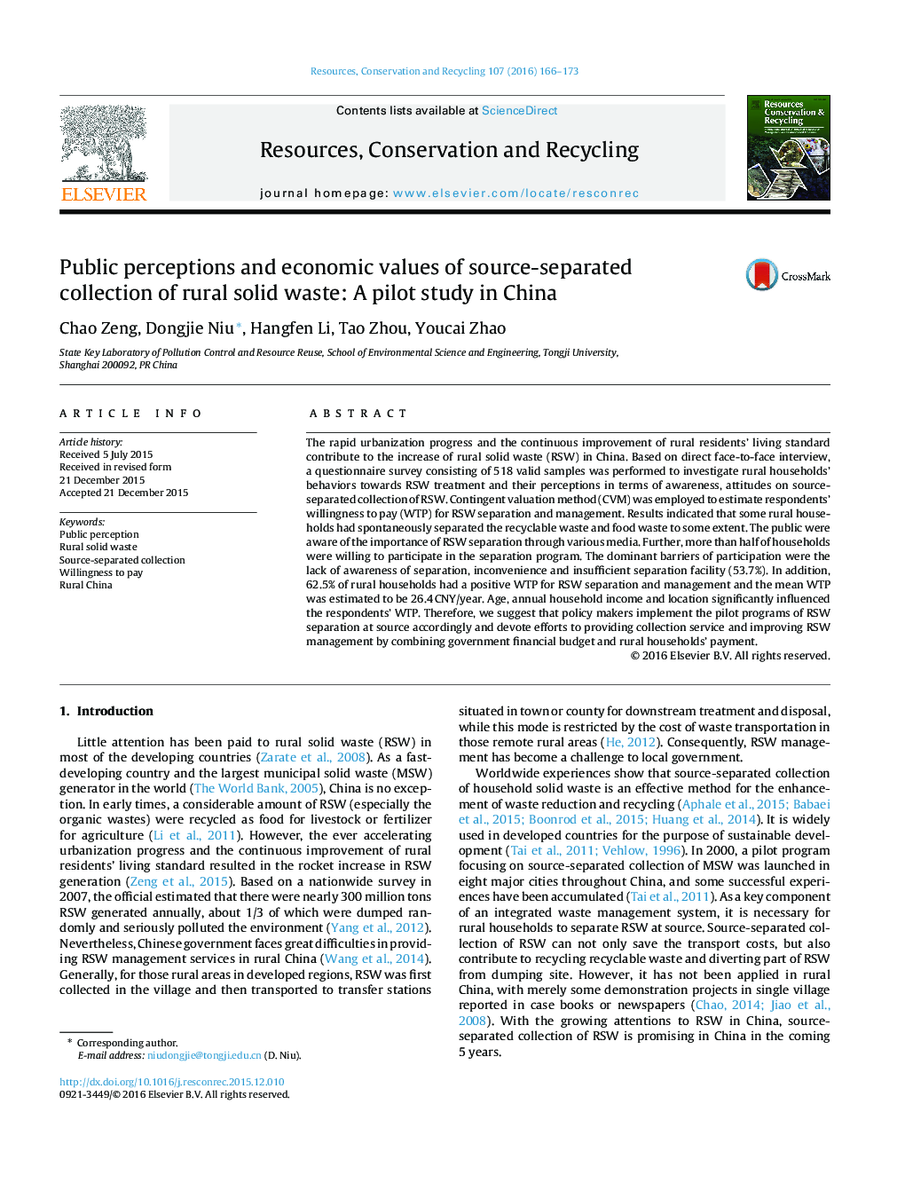 Public perceptions and economic values of source-separated collection of rural solid waste: A pilot study in China