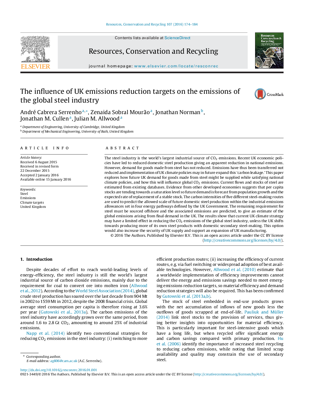 The influence of UK emissions reduction targets on the emissions of the global steel industry