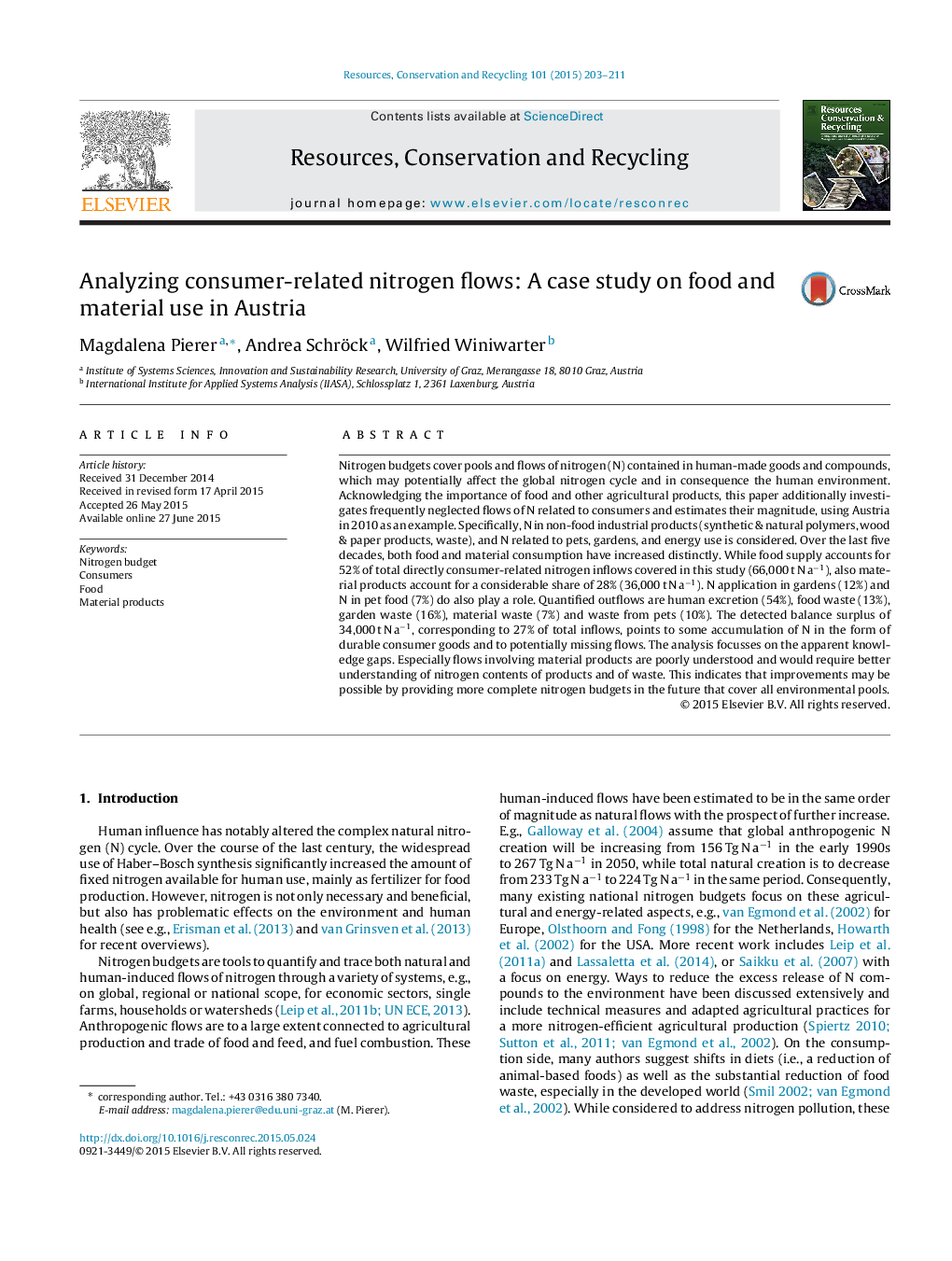 Analyzing consumer-related nitrogen flows: A case study on food and material use in Austria