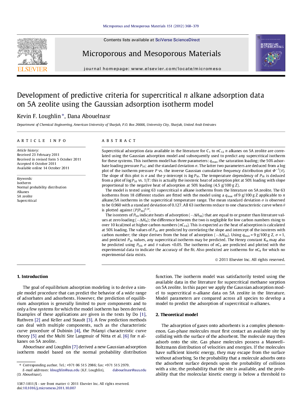 Development of predictive criteria for supercritical n alkane adsorption data on 5A zeolite using the Gaussian adsorption isotherm model