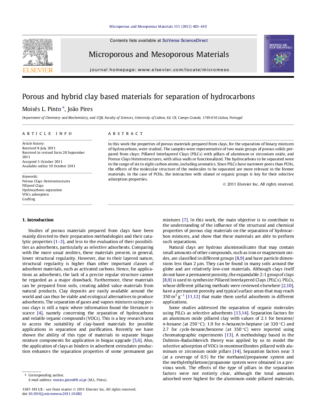 Porous and hybrid clay based materials for separation of hydrocarbons