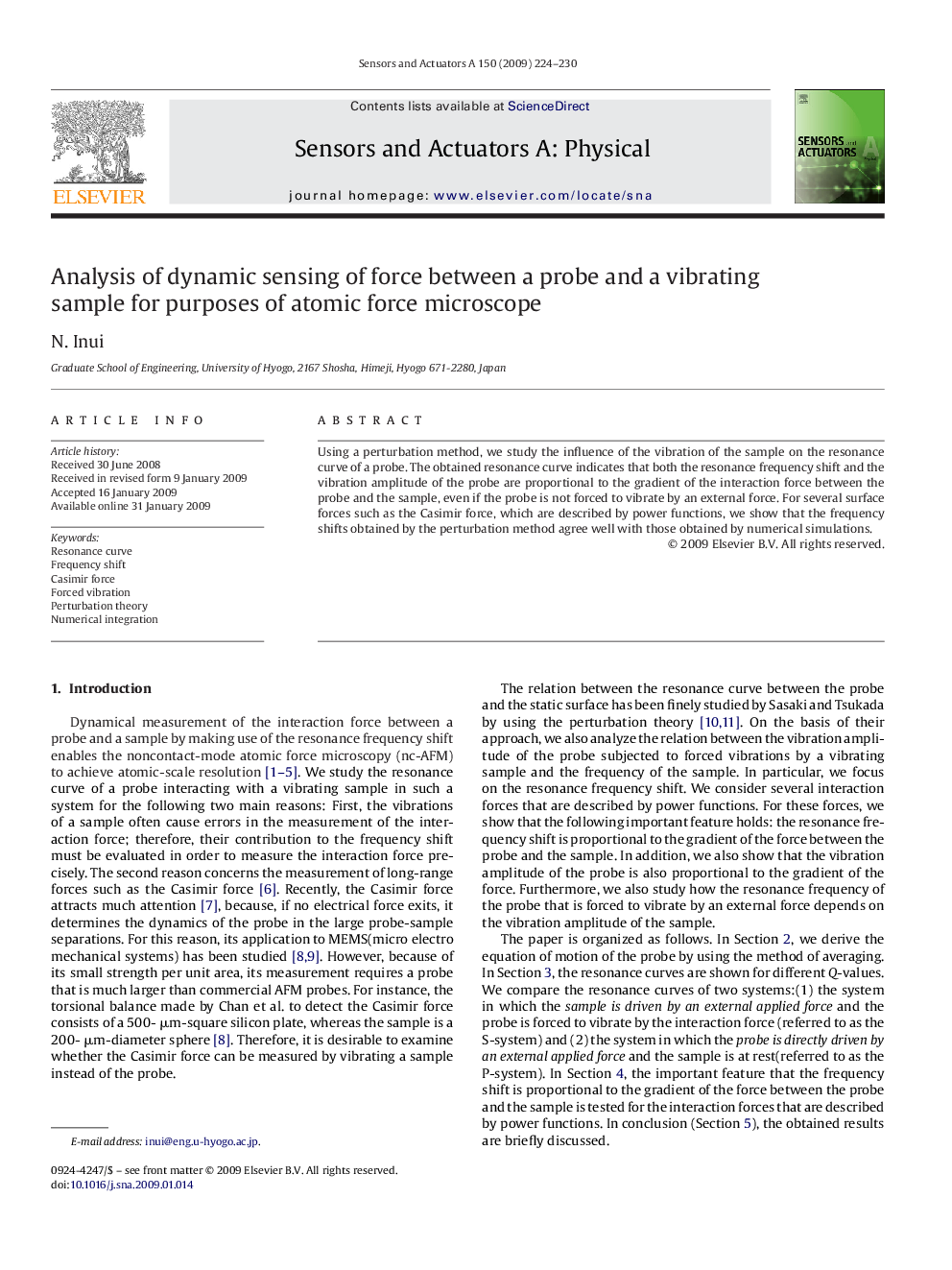 Analysis of dynamic sensing of force between a probe and a vibrating sample for purposes of atomic force microscope