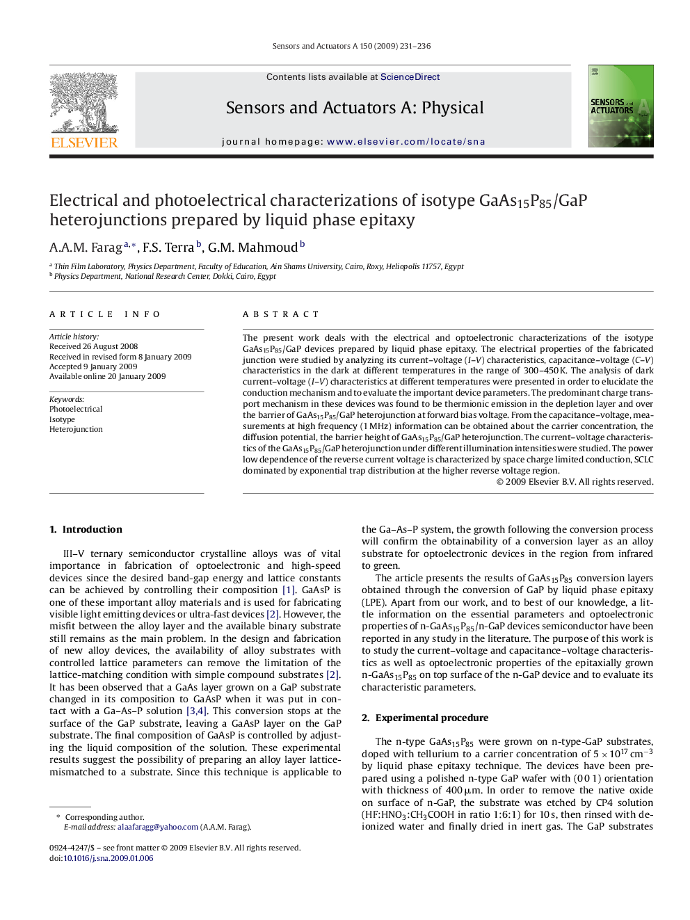 Electrical and photoelectrical characterizations of isotype GaAs15P85/GaP heterojunctions prepared by liquid phase epitaxy