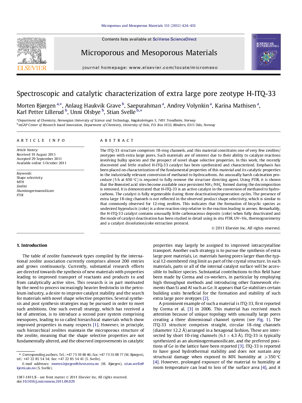 Spectroscopic and catalytic characterization of extra large pore zeotype H-ITQ-33