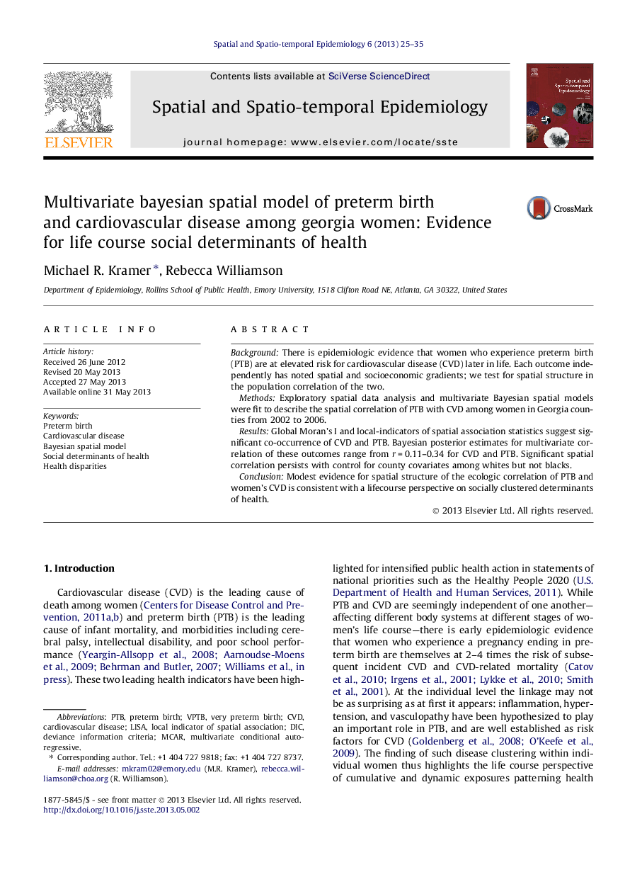 Multivariate bayesian spatial model of preterm birth and cardiovascular disease among georgia women: Evidence for life course social determinants of health