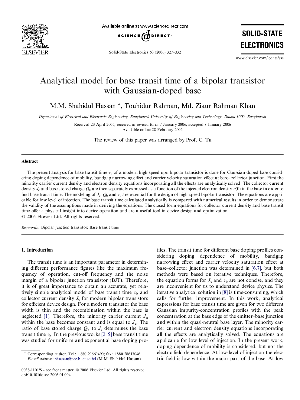 Analytical model for base transit time of a bipolar transistor with Gaussian-doped base