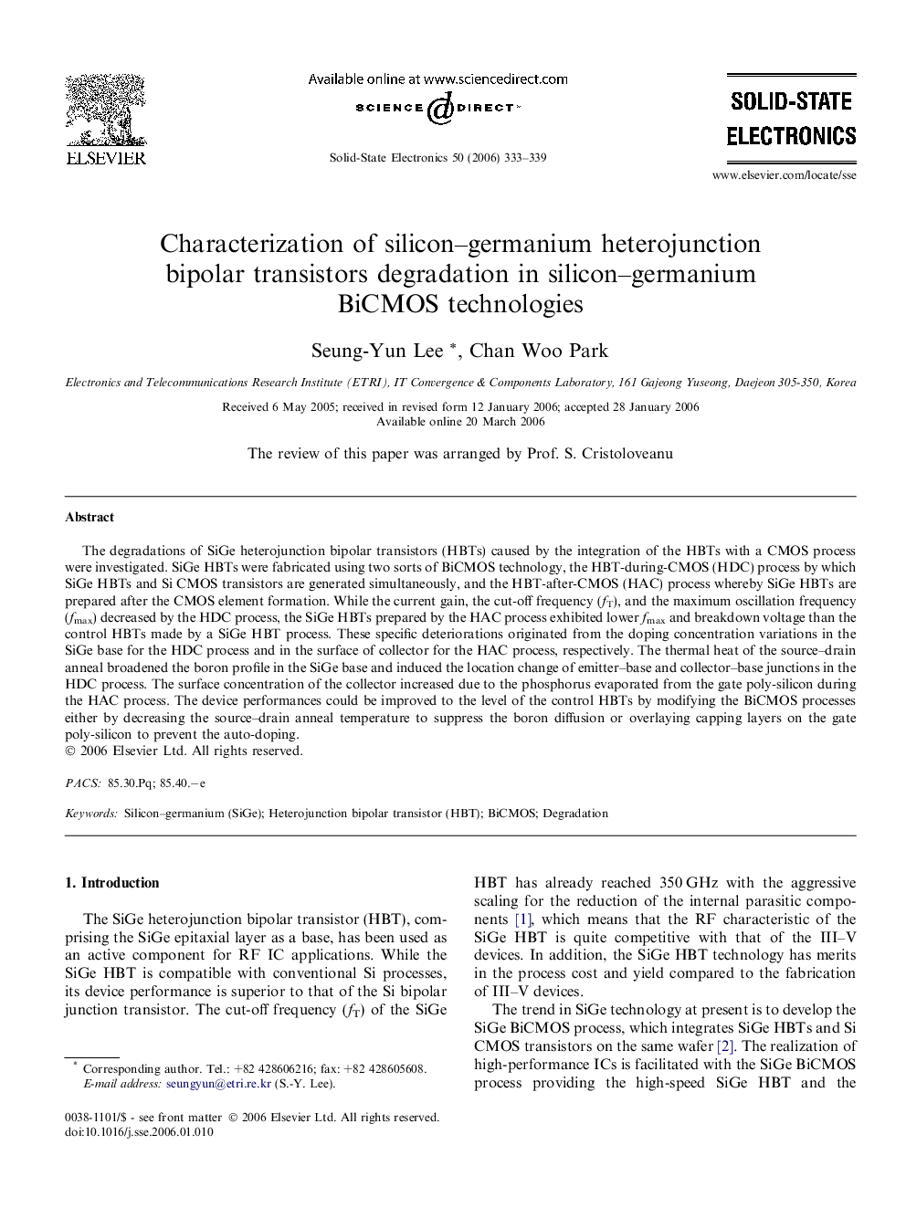 Characterization of silicon–germanium heterojunction bipolar transistors degradation in silicon–germanium BiCMOS technologies