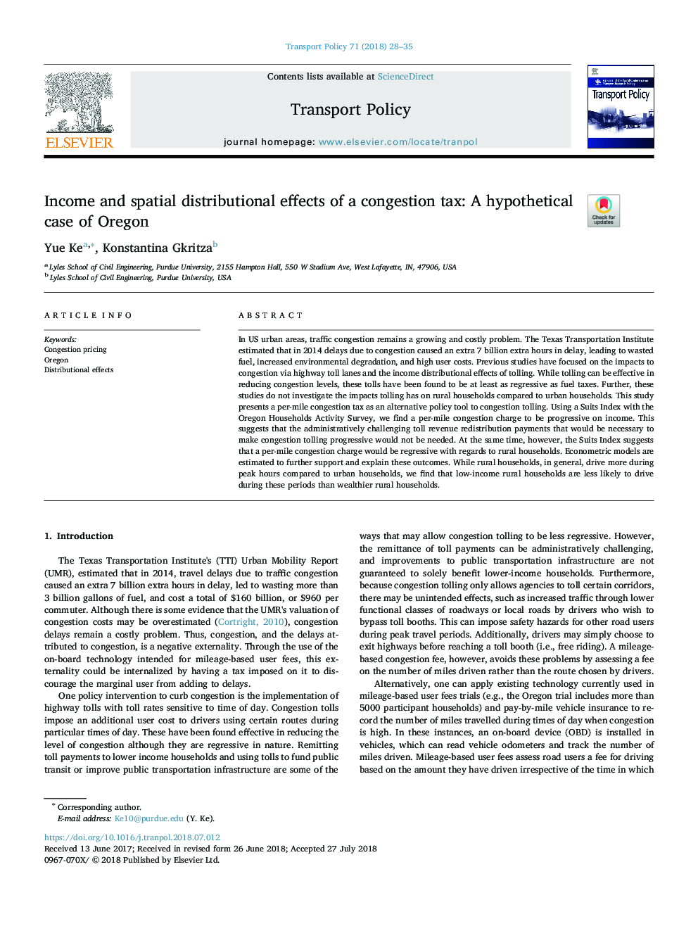 Income and spatial distributional effects of a congestion tax: A hypothetical case of Oregon