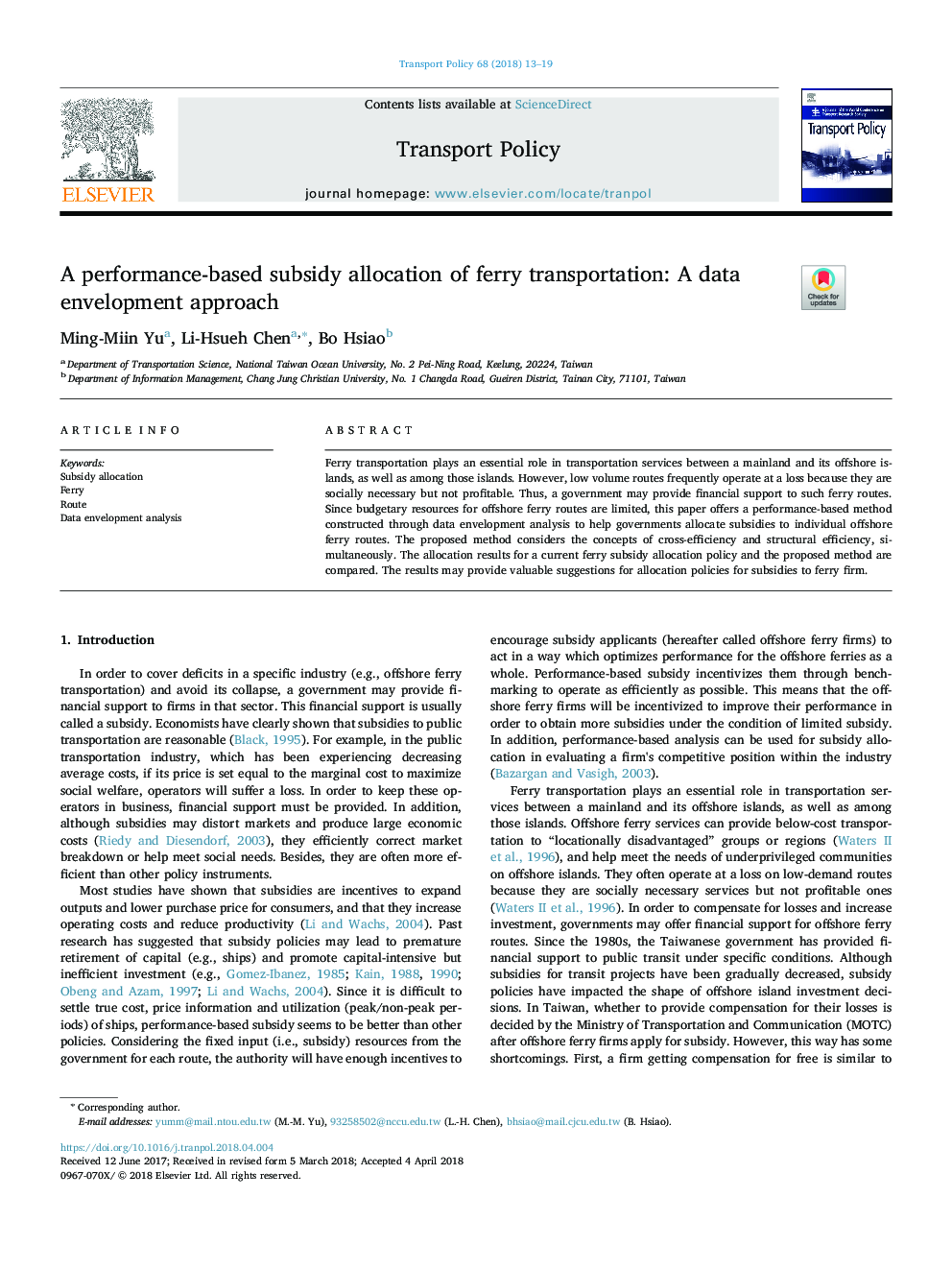 A performance-based subsidy allocation of ferry transportation: A data envelopment approach