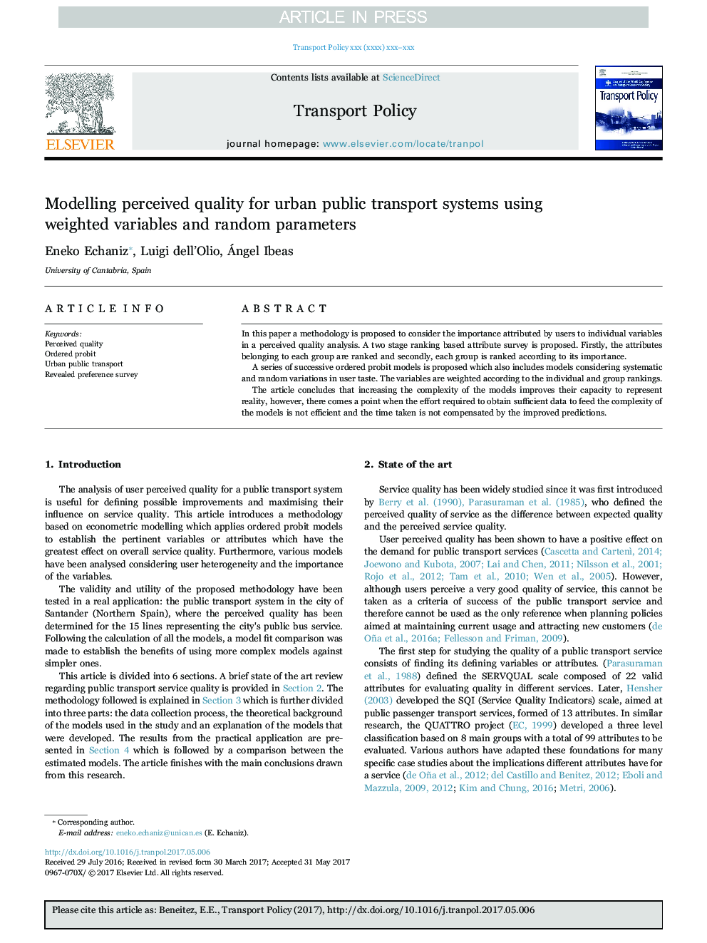 Modelling perceived quality for urban public transport systems using weighted variables and random parameters