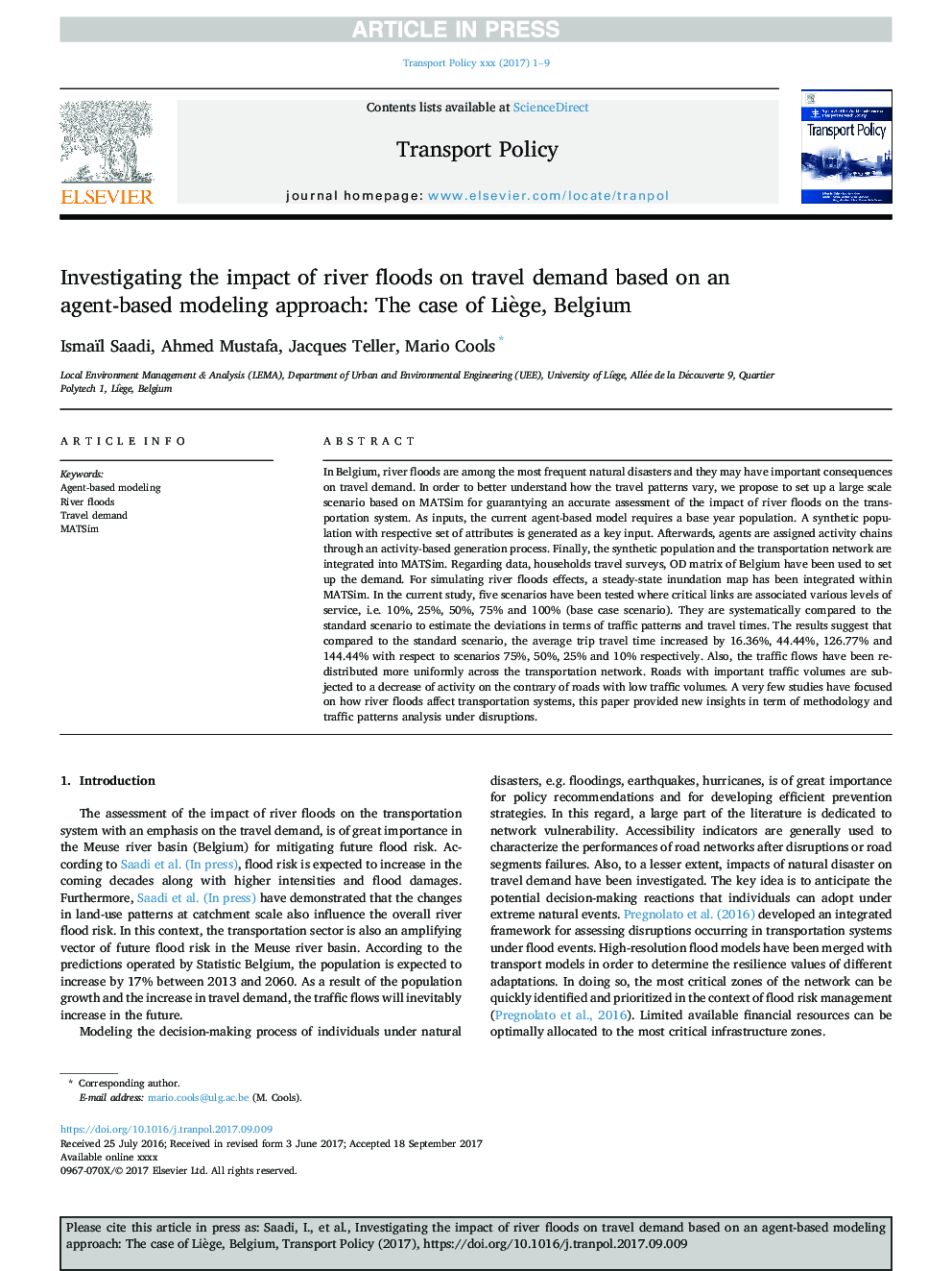 Investigating the impact of river floods on travel demand based on an agent-based modeling approach: The case of LiÃ¨ge, Belgium