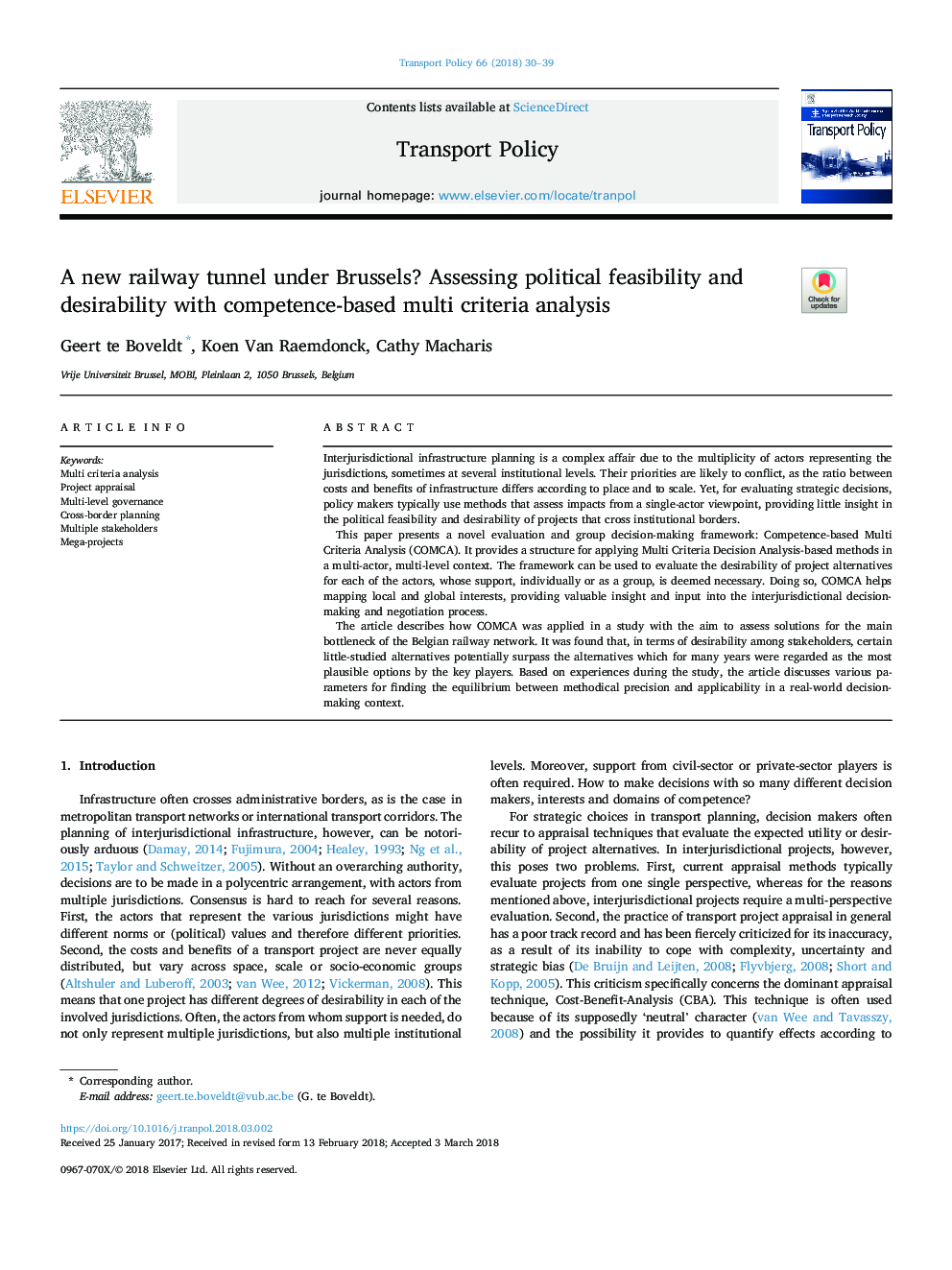 A new railway tunnel under Brussels? Assessing political feasibility and desirability with competence-based multi criteria analysis