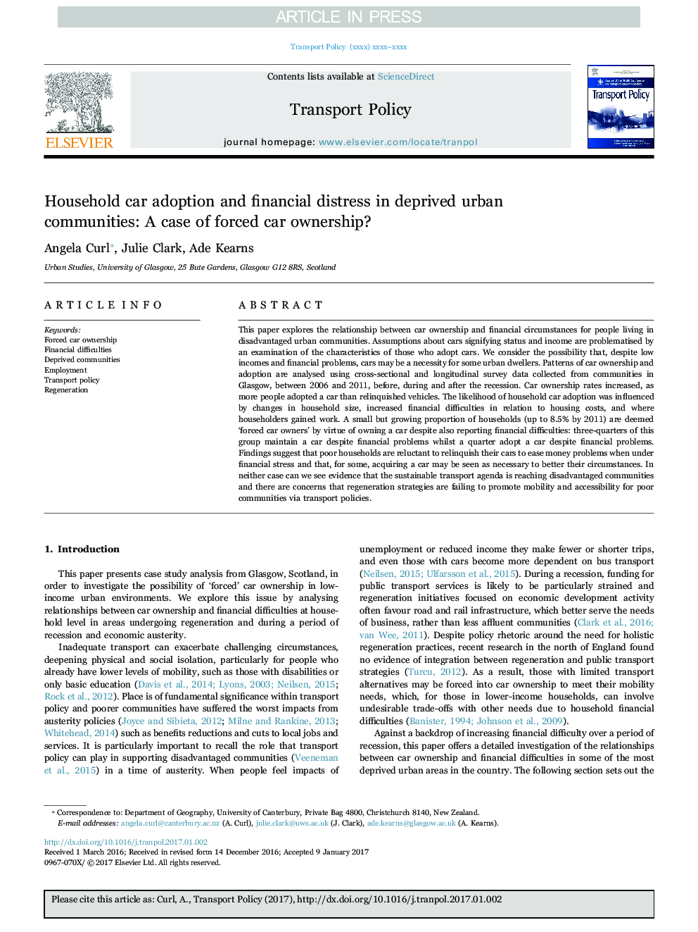 Household car adoption and financial distress in deprived urban communities: A case of forced car ownership?