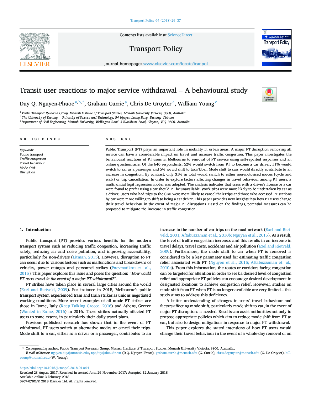 Transit user reactions to major service withdrawal - A behavioural study