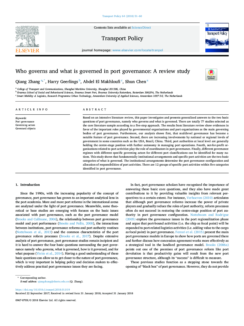 Who governs and what is governed in port governance: A review study