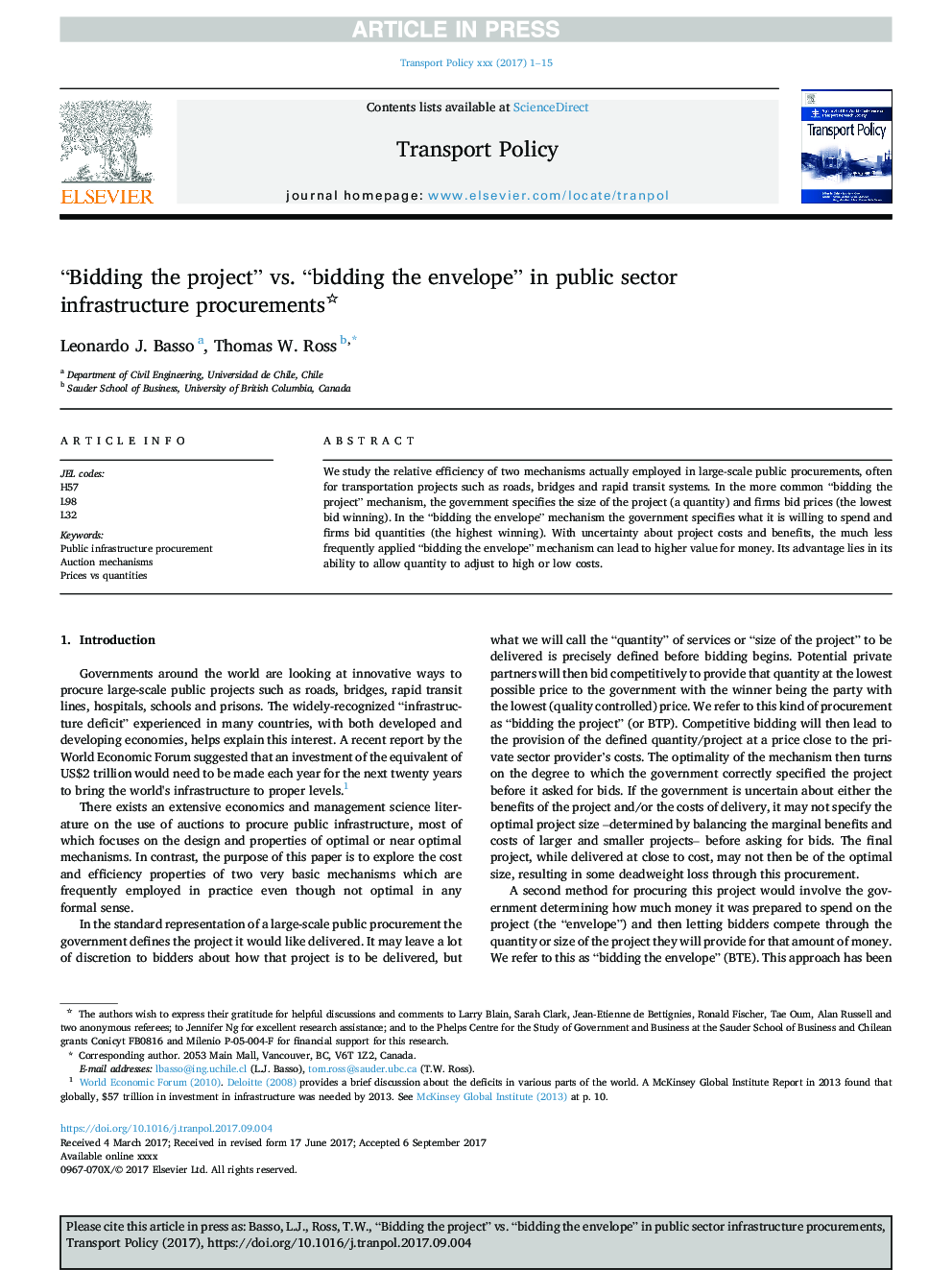 “Bidding the project” vs. “bidding the envelope” in public sector infrastructure procurements