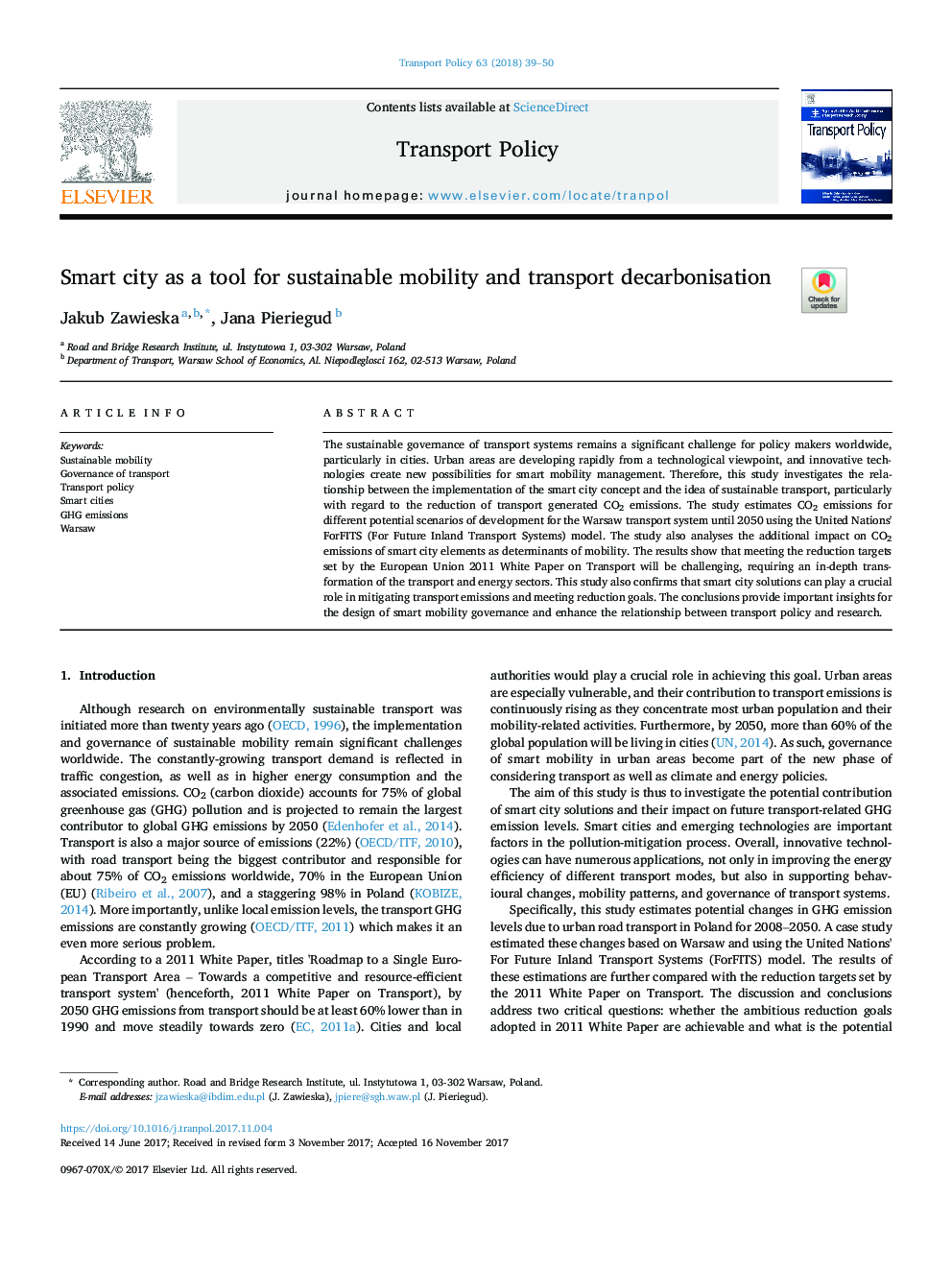 Smart city as a tool for sustainable mobility and transport decarbonisation