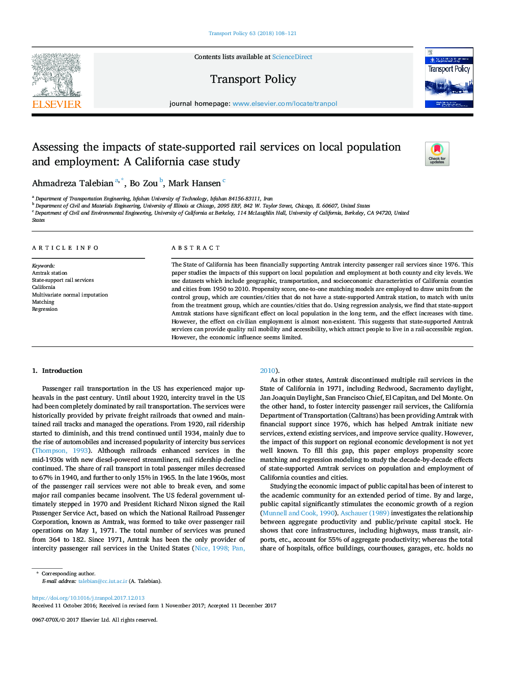 Assessing the impacts of state-supported rail services on local population and employment: A California case study