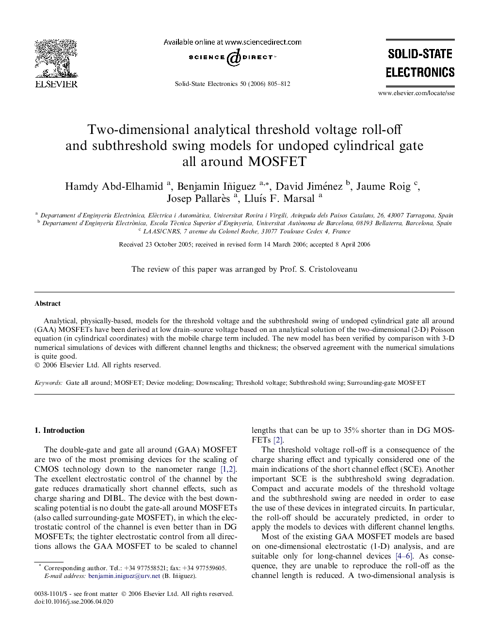 عکس صفحه اول مقاله: Two-dimensional analytical threshold voltage roll-off and subthreshold swing models for undoped cylindrical gate all around MOSFET Two-dimensional analytical threshold voltage roll-off and subthreshold swing models for undoped cylindrical gate all around MOSFET