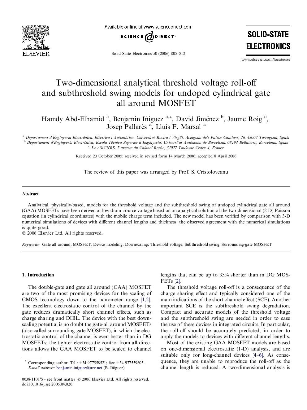 Two-dimensional analytical threshold voltage roll-off and subthreshold swing models for undoped cylindrical gate all around MOSFET