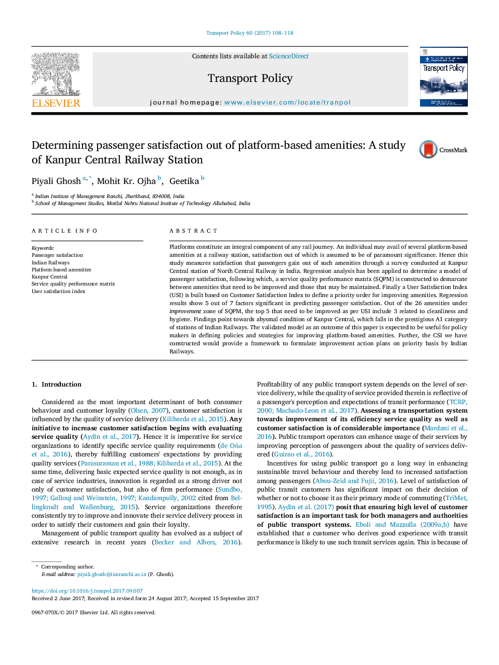 Determining passenger satisfaction out of platform-based amenities: A study of Kanpur Central Railway Station