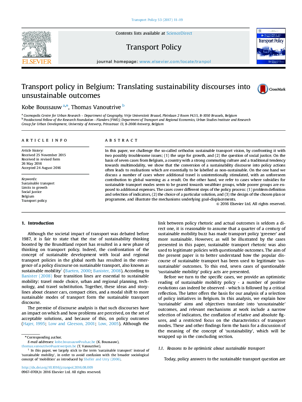 Transport policy in Belgium: Translating sustainability discourses into unsustainable outcomes