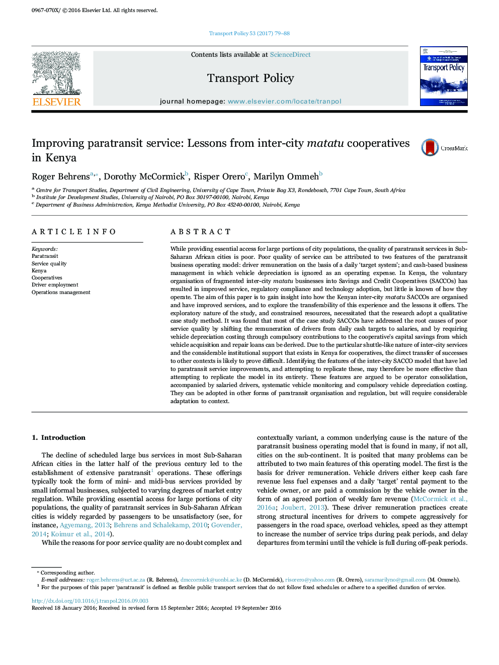 Improving paratransit service: Lessons from inter-city matatu cooperatives in Kenya