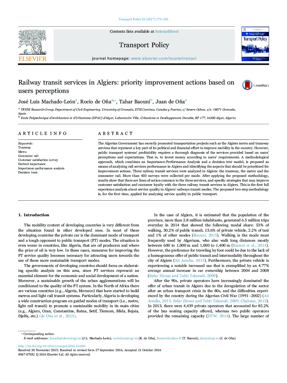 Railway transit services in Algiers: priority improvement actions based on users perceptions