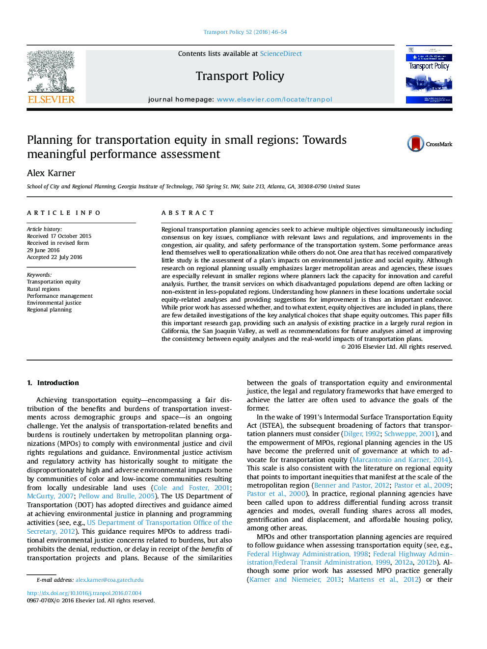 Planning for transportation equity in small regions: Towards meaningful performance assessment