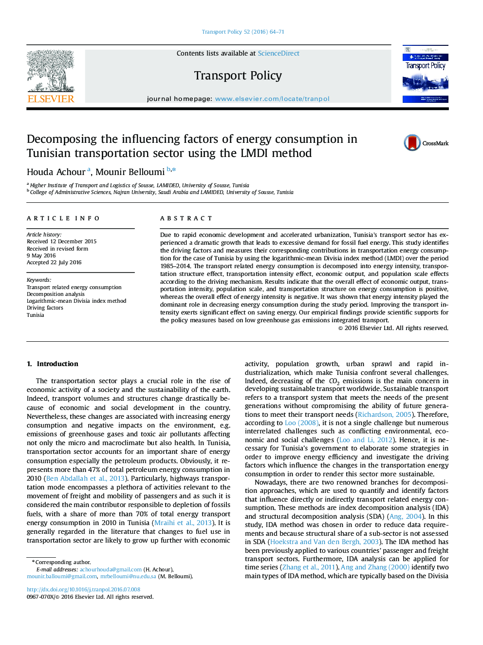 Decomposing the influencing factors of energy consumption in Tunisian transportation sector using the LMDI method