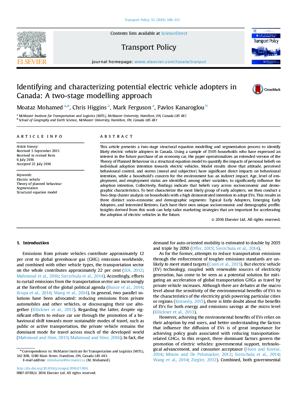 شناسایی و مشخص کردن وسیله نقلیه بالقوه الکتریکی در کانادا: یک روش مدل سازی دو مرحله ای 