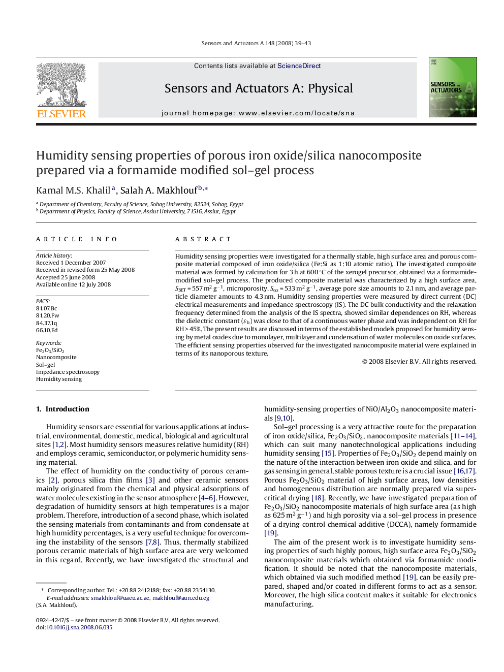 Humidity sensing properties of porous iron oxide/silica nanocomposite prepared via a formamide modified sol–gel process