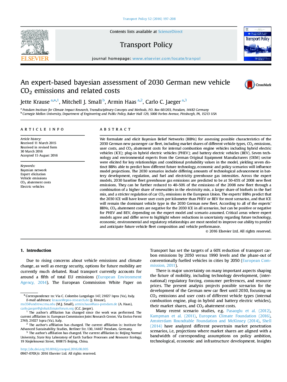 An expert-based bayesian assessment of 2030 German new vehicle CO2 emissions and related costs