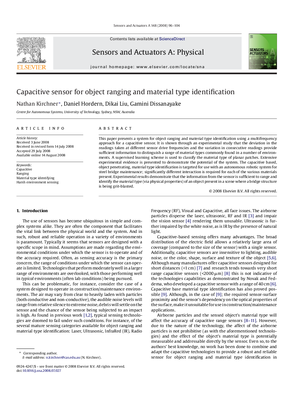 Capacitive sensor for object ranging and material type identification