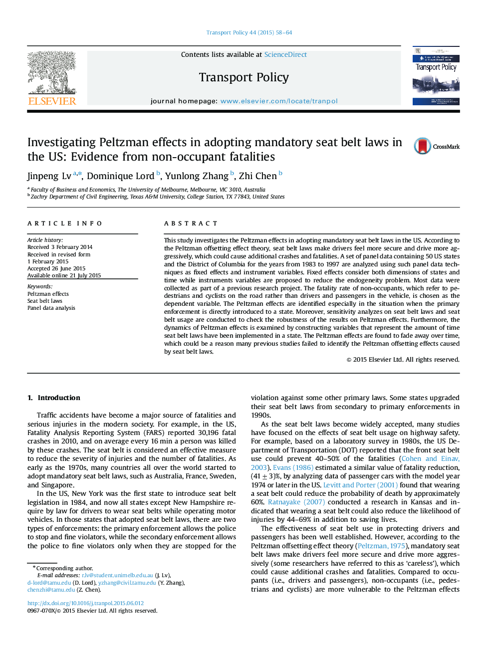 Investigating Peltzman effects in adopting mandatory seat belt laws in the US: Evidence from non-occupant fatalities