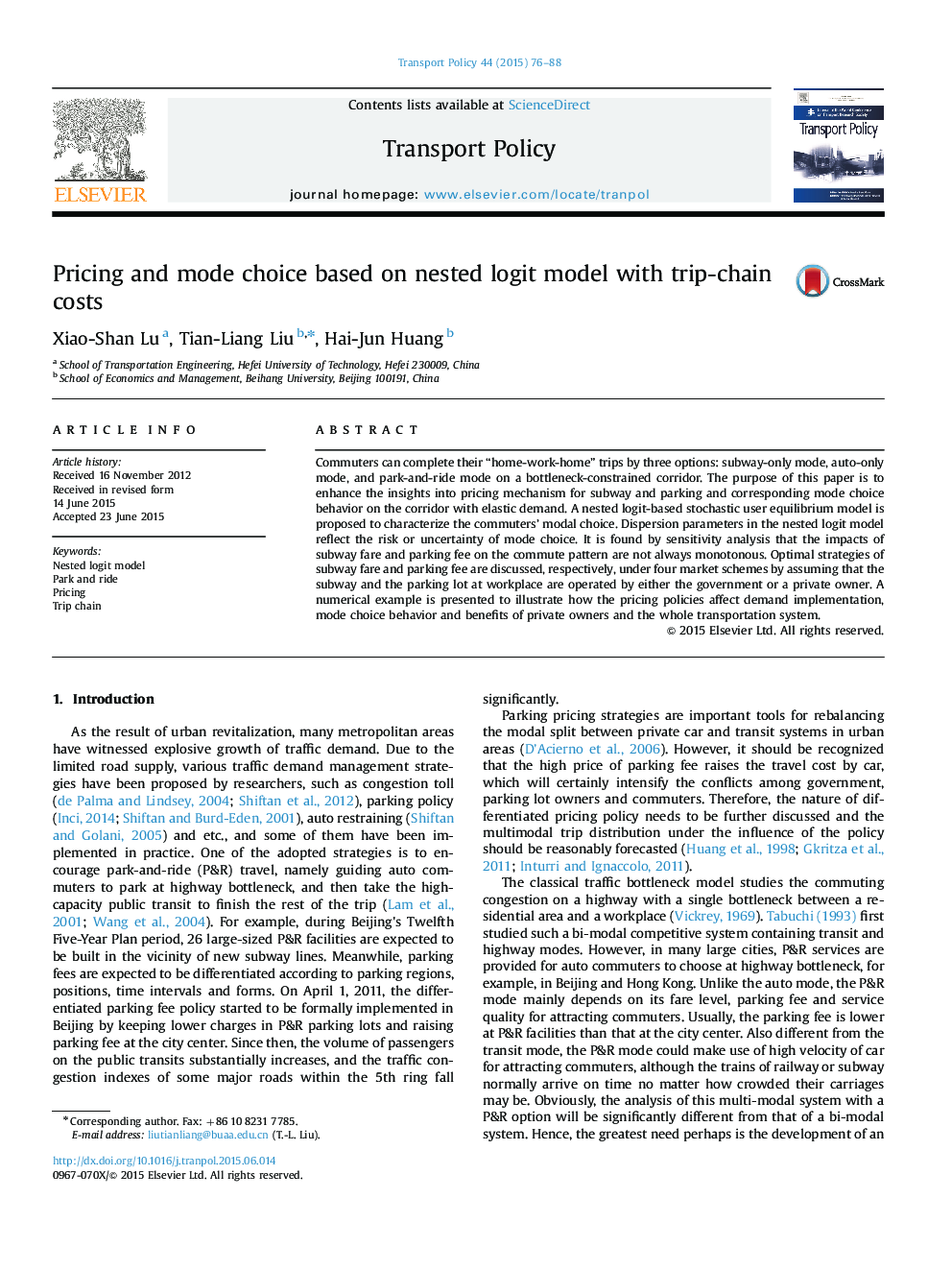 Pricing and mode choice based on nested logit model with trip-chain costs