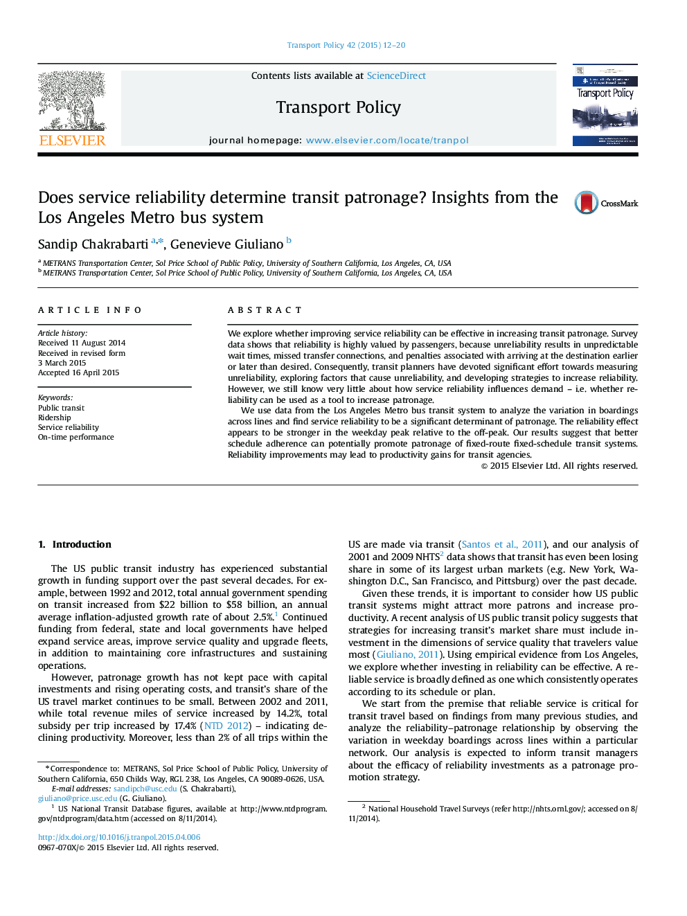 Does service reliability determine transit patronage? Insights from the Los Angeles Metro bus system