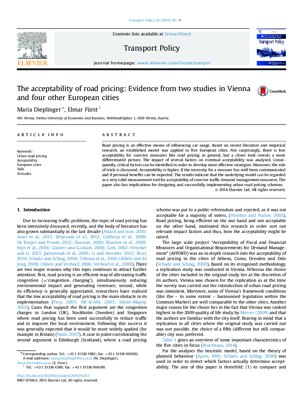 The acceptability of road pricing: Evidence from two studies in Vienna and four other European cities