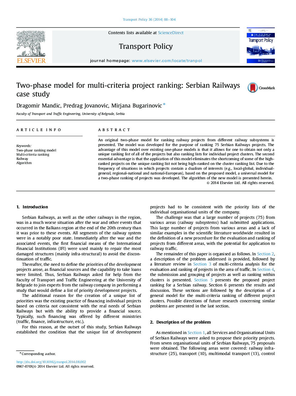 Two-phase model for multi-criteria project ranking: Serbian Railways case study