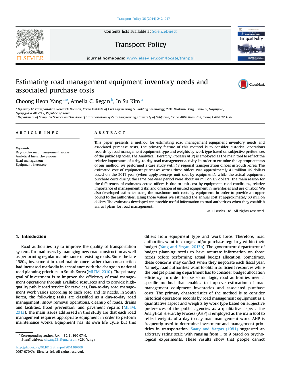 Estimating road management equipment inventory needs and associated purchase costs