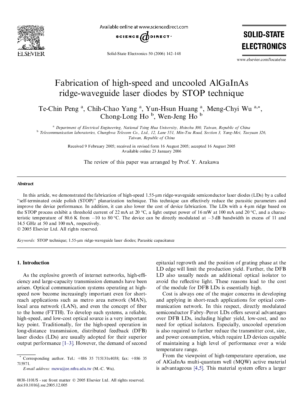 Fabrication of high-speed and uncooled AlGaInAs ridge-waveguide laser diodes by STOP technique