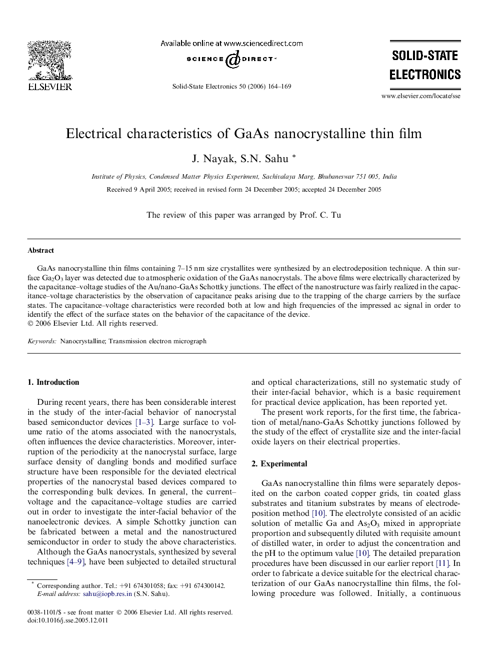 Electrical characteristics of GaAs nanocrystalline thin film