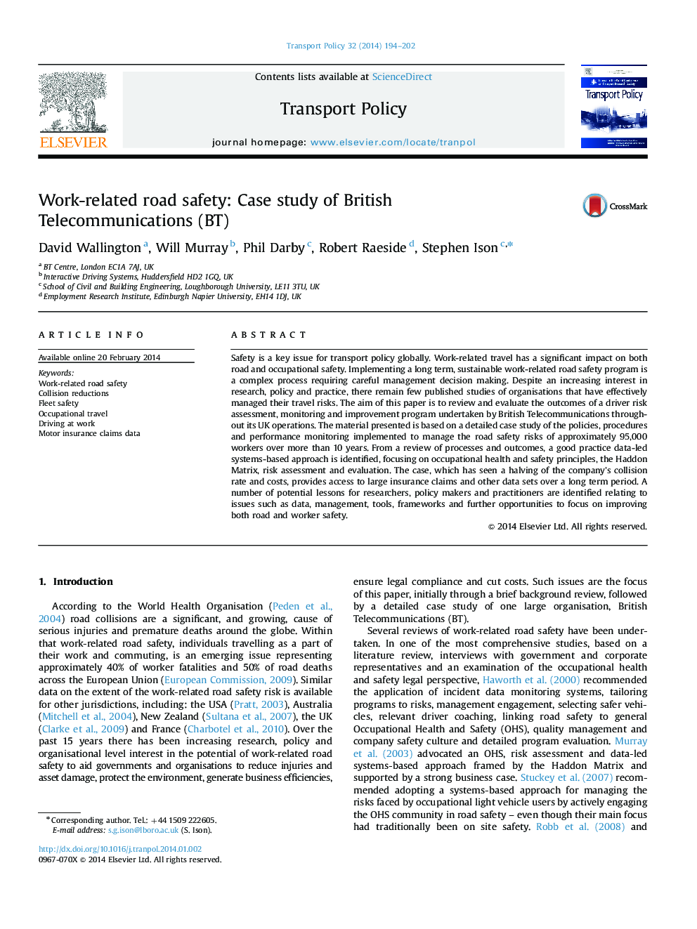 Work-related road safety: Case study of British Telecommunications (BT)