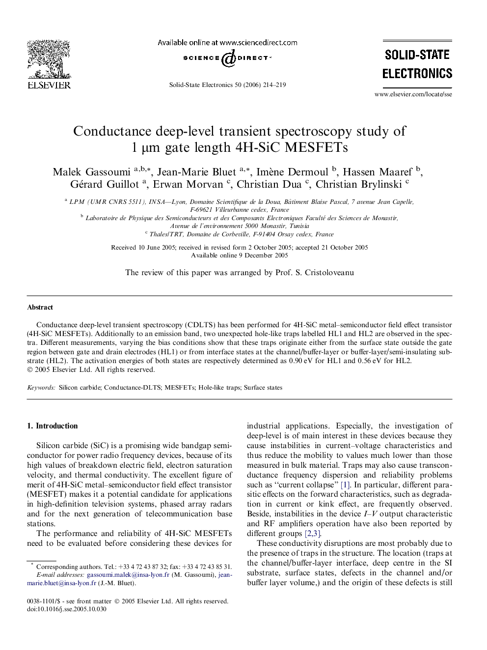 Conductance deep-level transient spectroscopy study of 1 μm gate length 4H-SiC MESFETs