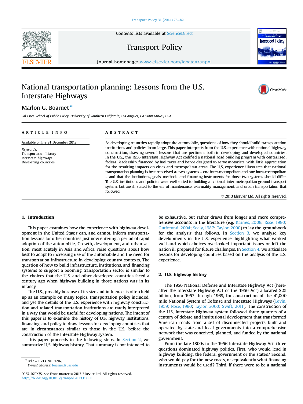 National transportation planning: Lessons from the U.S. Interstate Highways